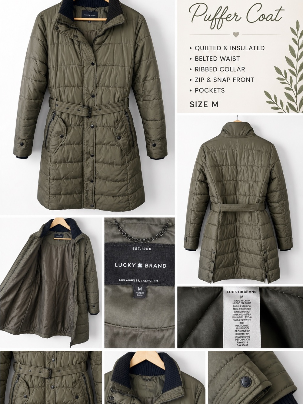 Lucky Brand Olive Green Belted Puffer Coat Jacket Women’s Medium